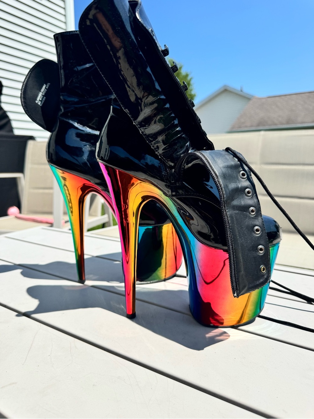 Pleaser Black Patent Lace-Up Platform Heels with Rainbow Mirror Platform - Picture 3 of 6